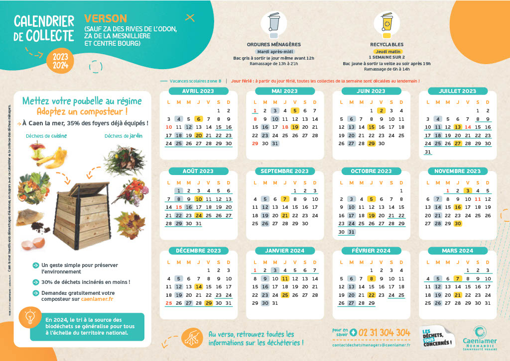 Calendrier de collecte des ordures ménagères sauf ZA Rives de l'Odon, ZA de la Mesnillière et centre-ville